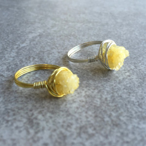 Wire Wrapped Yellow Druzy Ring in Copper, Gold, or Silver