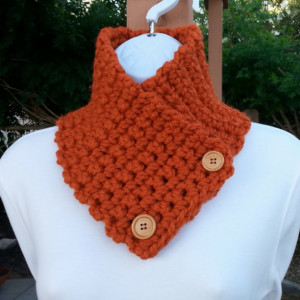 NECK WARMER SCARF, Solid Bright Burnt Orange Buttoned Cowl, Acrylic Wool Blend, Wood Buttons, Thick Crochet Knit..Ready to Ship in 3 Days