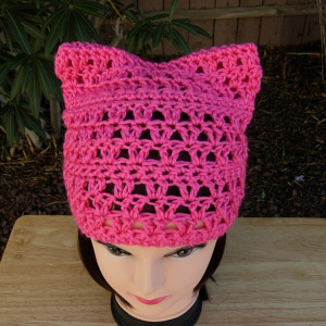 Hot Pink Pussy Cat Hat, Summer Lace PussyHat Lightweight Soft Acrylic Crochet Knit Solid Dark Neon Bright Pink Thin Spring Warm Weather Beanie, Ready to Ship in 2 Days