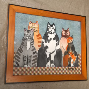 ORIGINAL CAT PAINTING -  watercolor/collage -   “Five Cats"  -  primitive style cat art - folk art cat painting
