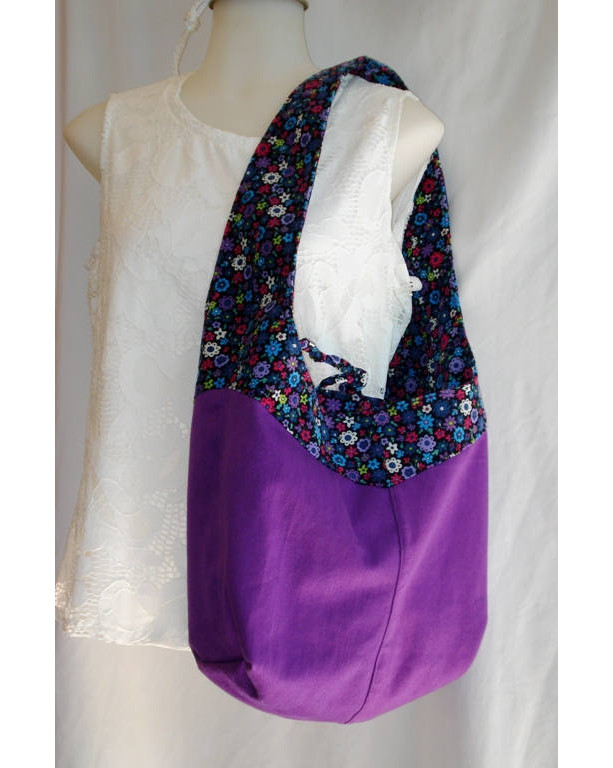 Purple flowered REVERSIBLE CORDUROY/FABRIC  Over the Shoulder Tote Bag with tie closure