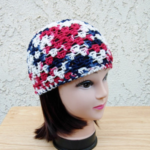 Red, White, and Blue Summer Beanie, 100% Cotton Lacy Skull Cap Women's Crochet Knit Lightweight Thin Hat, Patriotic, 4th of July, Ready to Ship in 3 Days