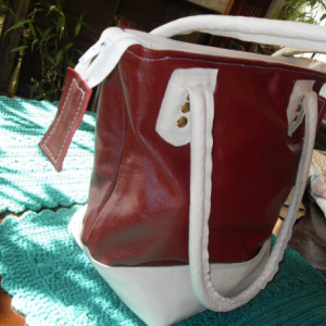Hand made Leather Three Pocket Designer burgundy and cream bucket bag