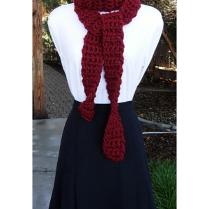 Long & Skinny Scarf, Dark Solid Red, Extra Soft Thick Crochet Knit Narrow Chunky Bulky Winter Women's 100% Acrylic Neck Scarf, Ready to Ship in 3 Days