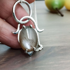 COCO Moonstone Necklace in Sterling Silver, Handmade Flashy Moonstone Pendant