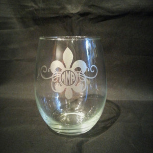 Fleur De Lis Monogram Wine Glass, Etched Glassware, Beer Glass, Cocktail Glass