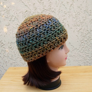 Colorful Blue Teal Green Orange Yellow Taupe Lightweight Beanie Extra Soft Acrylic Crochet Knit Winter Women's Striped Hat, Ships in 3 Business Days