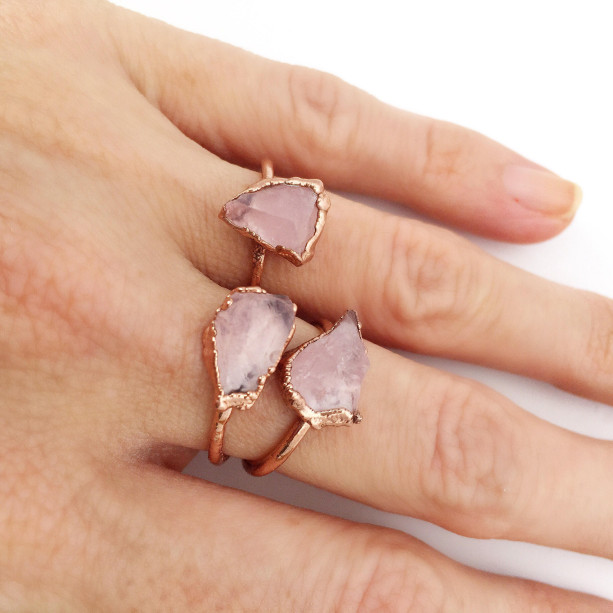 Raw Rose Quartz Ring, Copper Rose Quartz Ring, Pink Stone Ring