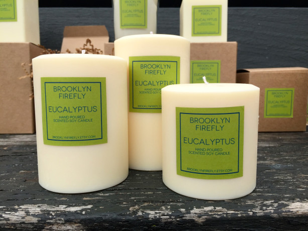 Eucalyptus Candles. FREE SHIPPING. Scented Soy. 3" Round Pillars. Set of 3. 