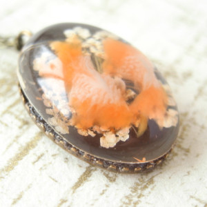 Necklace Orange Color Goldfish and Dry Flower Cabochon Asian Oriental Handmade