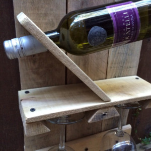Rustic Handmade Wine Rack for 1 bottle and 2 glasses