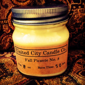 Fall Picante No. 3 -Plaid scarf and boots trekking through leaves with cup of mulled cider.100% soy candle.United City Candle Co.Made in USA