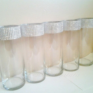 Glass Cylinder Vases, Bling Wedding Centerpieces, Silver Rhinestone Tall Vases, Bling Bouquet Candle Holders, Shower Party Bling Decor, 5 PC