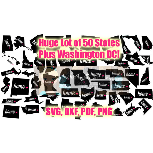 50 States Plus Wash DC Map Svg Dxf Png Pdf Zip File State Love Home Map - Commercial Use Ok - Digital File car decal - tshirt - States decal