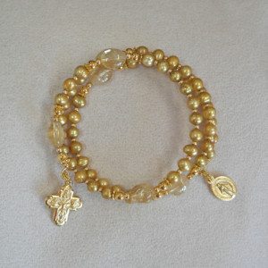 Rosary Bracelet of Gold Freshwater Pearls, Gold Plated Findings