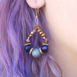 Oval Glass Earrings, Blue Earrings, Multi Color Beads