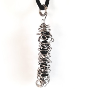 CHAOS - Wrapped Black Lava Stone Beads in Silver Wire Cage Necklace