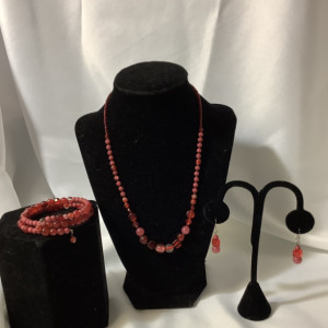 Red beaded set, necklace, bracelet, earrings 