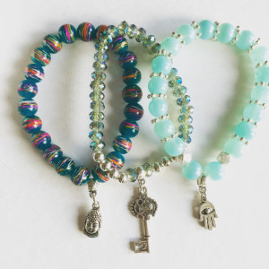 Stackable Bracelets, Mix and Match bracelets, Matching Bracelets, Blue Bracelets, Budha Bracelets, Hamsa Hand Bracelets, Skeleton Key Charm