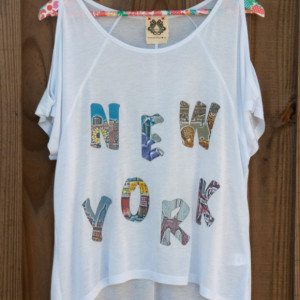 Handmade printed New York photo word top with cold shoulder cutouts and a loose fit