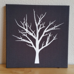 Screenprinted white tree on grey textured fabric canvas wall art - authentic handmade