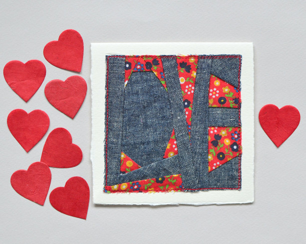 LOVE card -- chambray & vintage calico fabric card