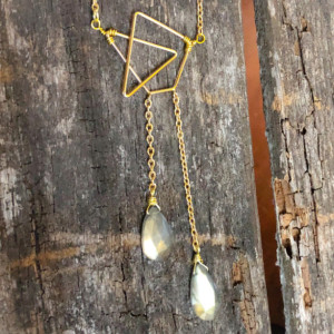 Geometric Necklace with Labradorite Drops - Gold Geometric Necklace - Triangle Necklace - Labradorite Necklace - Gemstone Necklace - Crystal