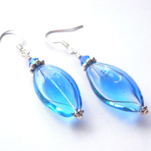 Earrings Aqua and Blue Color Hollow Glass Beads Handmade Hand Blown Summer Dangle Drop Jewelry Accessory Fish Hook Oval Flat Silver Plated