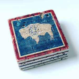 Wyoming Barnwood-Look State Flag Natural Stone Coasters, Set of 4 with Full Cork Bottom
