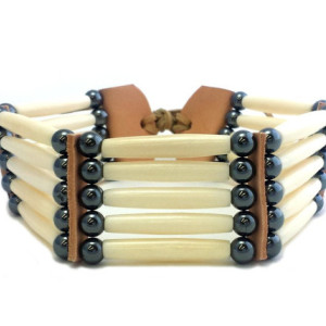 Handmade Traditional 5 Row White Buffalo Bone Hairpipe Tribal Choker Necklace