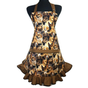 Dog Apron for Women , Retro Kitchen Decor with brown check ruffle , Adjustable with pocket