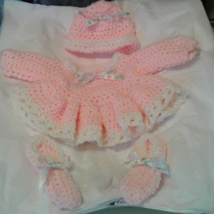 Handmade crocheted baby pink and white matching hat, dress, and slippers fo