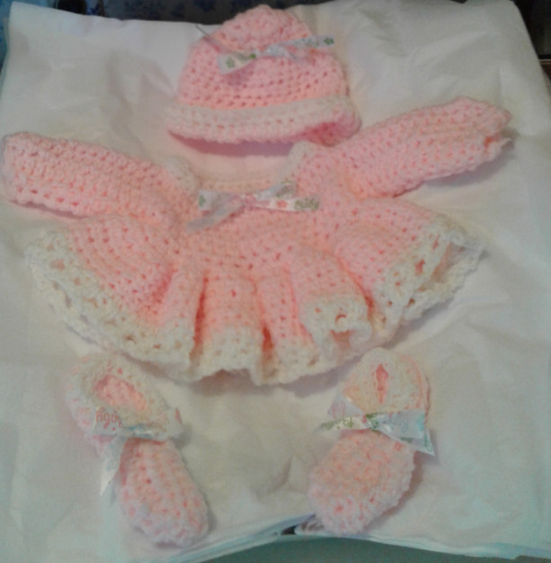 Handmade crocheted baby pink and white matching hat, dress, and slippers fo