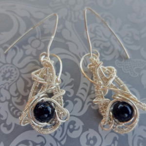 Wire Wrapped Sterling Silver Necklace and Earrings Set with Blue Goldstone