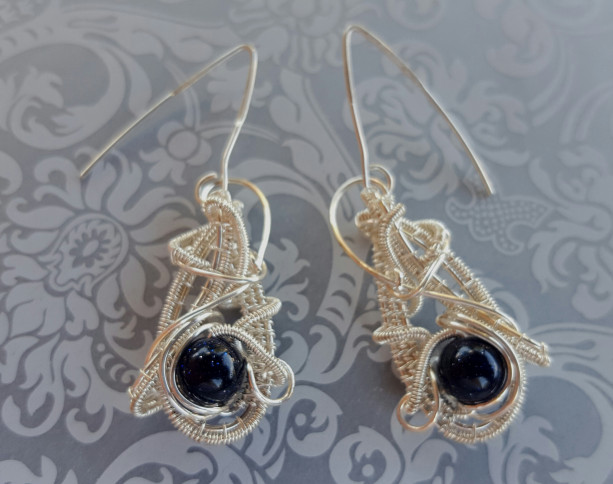 Wire Wrapped Sterling Silver Necklace and Earrings Set with Blue Goldstone