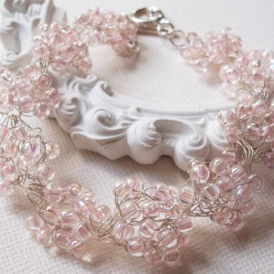 Pink Crystal Wedding Bracelet Bridesmaids Flower Girl Bridal Bracelet Seed Bead Country Woodland Pink Wedding Silver Plated Wire Crochet