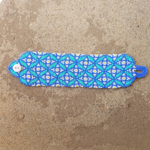 blue and aqua large woven bead cuff