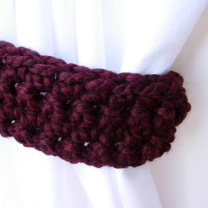 One Pair Dark Burgundy Red Curtain Tie Backs, Drapery Tiebacks, Thick Wool Blend Wine Red with Black, Holdbacks for Drapes, Crochet Knit, Ready to Ship in 3 Days
