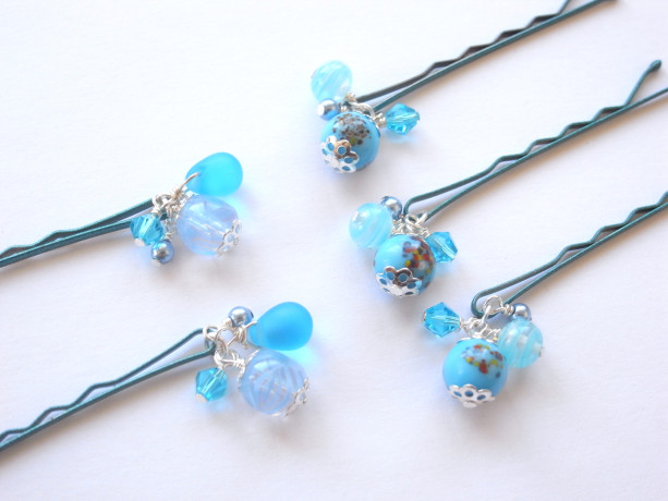 Hair Pin Set of 5 Aqua Color Lampwork Beads Bobby Pin Handmade Blue Summer Hair Accessory For Girl Woman Dot Stripe Pattern Sea Beach