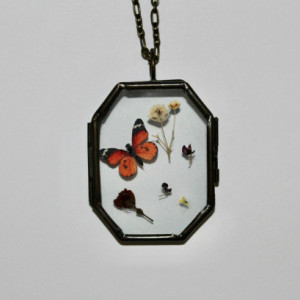 Glass Locket Necklace, Monarch Butterfly, Glass Frame Locket, Dried Spring Flowers