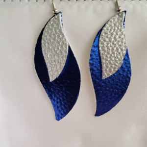 Vegan faux leather metallic blue and silver earrings
