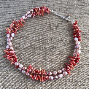 Pearl and Coral Statement Necklace, Rose Pearl Necklace, Red Coral Necklace, Pearl Beaded Necklace, Red Coral Statement Necklace