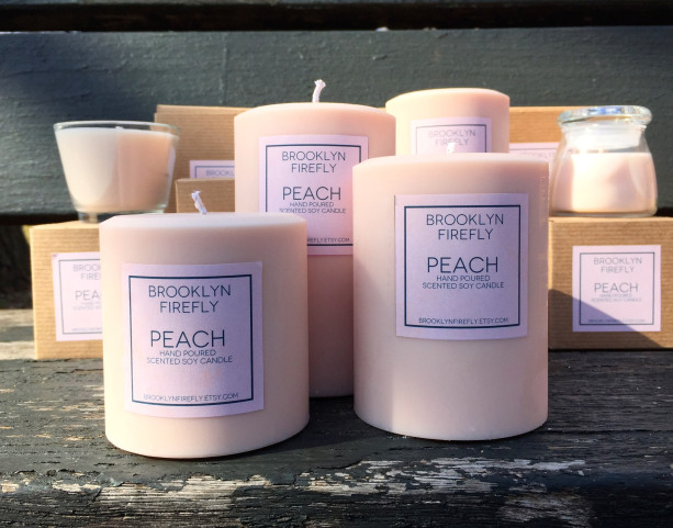 Peach Candles. FREE SHIPPING. Scented Soy. Round Pillars. Set of 3. 