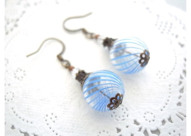 Earrings Aqua Color Hollow Glass Beads Handmade Stripe Hand Blown Drop Dangle Blue Summer Resort Sea Beach Jewelry Accessory Fish Hook
