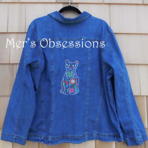 Women's Denim Jacket with Embroidered Mexican Style Floral Cat
