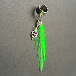 Bright Green Feather Ear Cuff w/ 4 Leaf Clover / Shamrock Earring 