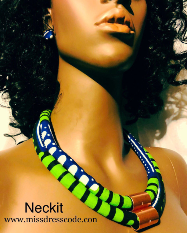African Ankara Inspired Necklace & Earrings Blue and Green
