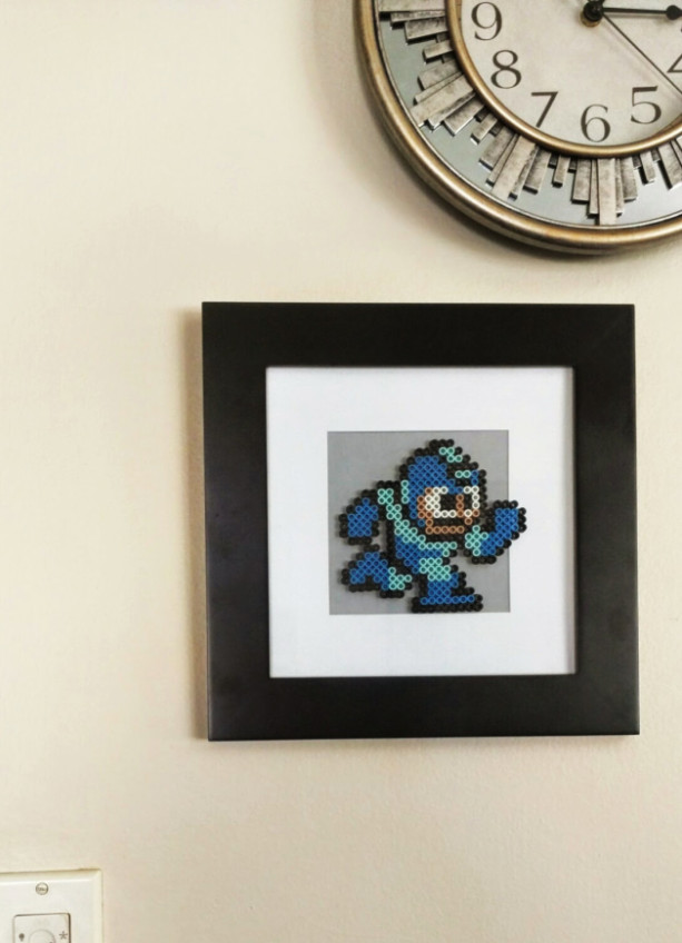 Running Mega Man Framed Perler Art- Geekery- 8 Bit Blue Bomber- Nerd- Fan Art- Comic Con 2015