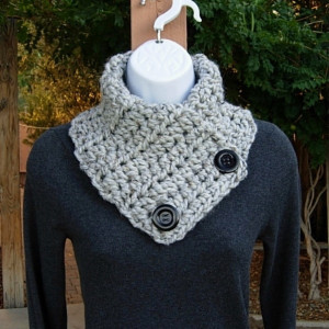 Light Gray Tweed NECK WARMER SCARF with Two Large Black Buttons, Thick Buttoned Cowl, Wool Blend, Grey Crochet Knit, Ready to Ship in 3 Days
