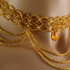 Topaz Swarovski crystal gold Czech glass beaded Victorian draping choker. Gold crystal vintage choker. Swarovski crystal baroque gold choker